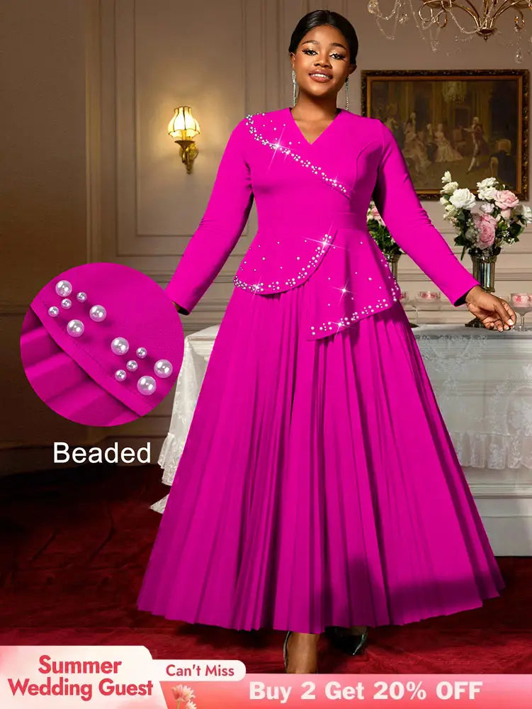 AOMEIDRESS Elegant A Line Maxi Pleated Beading Dress for Wedding Party Rose / S