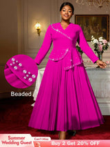 AOMEIDRESS Elegant A Line Maxi Pleated Beading Dress for Wedding Party Rose / S