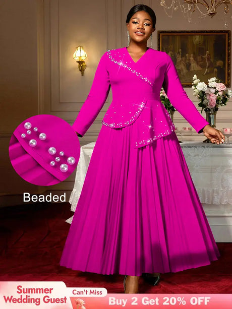 AOMEIDRESS Elegant A Line Maxi Pleated Beading Dress for Wedding Party Rose / S