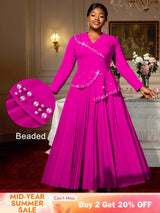 AOMEIDRESS Elegant A Line Maxi Pleated Beading Dress for Wedding Party Rose / S