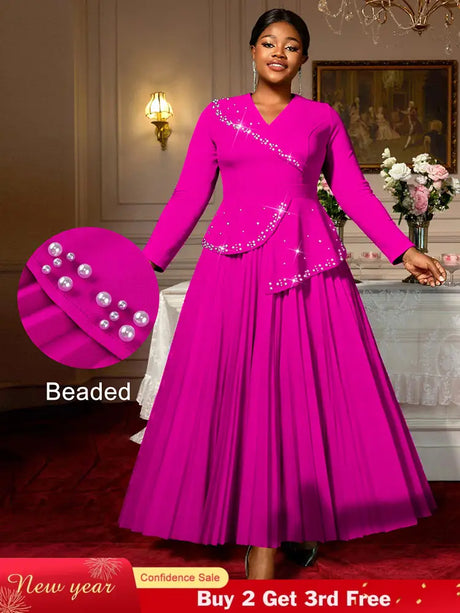 AOMEIDRESS Elegant A Line Maxi Pleated Beading Dress for Wedding Party Rose / S