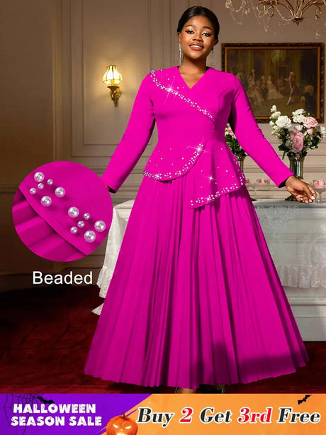AOMEIDRESS Elegant A Line Maxi Pleated Beading Dress for Wedding Party Rose / S