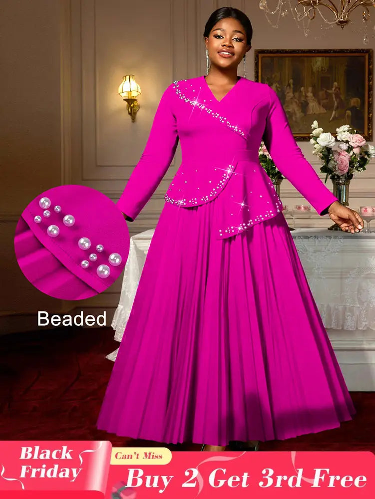 AOMEIDRESS Elegant A Line Maxi Pleated Beading Dress for Wedding Party Rose / S