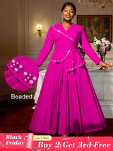 AOMEIDRESS Elegant A Line Maxi Pleated Beading Dress for Wedding Party Rose / S