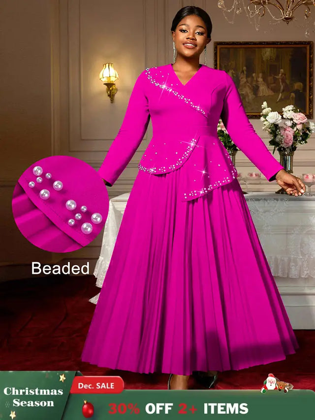 AOMEIDRESS Elegant A Line Maxi Pleated Beading Dress for Wedding Party Rose / S