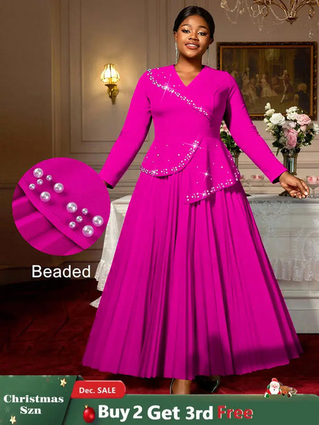 AOMEIDRESS Elegant A Line Maxi Pleated Beading Dress for Wedding Party Rose / S