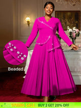 AOMEIDRESS Elegant A Line Maxi Pleated Beading Dress for Wedding Party Rose / S