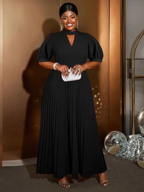 AOMEIDRESS Elegant A Line Maxi Pleated Dress for Office Church Cut out Black / S