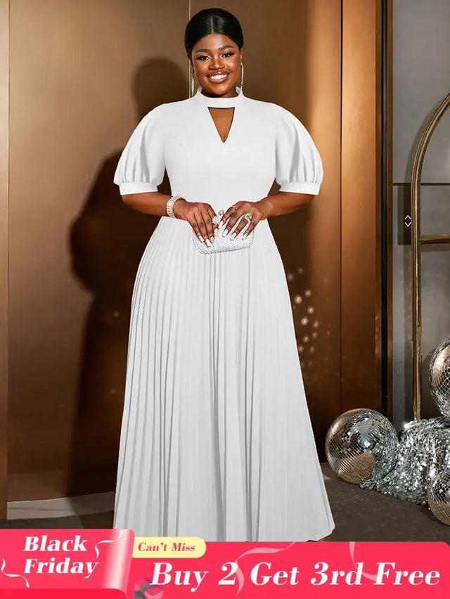 AOMEIDRESS Elegant A Line Maxi Pleated Dress for Office Church Cut out White / S