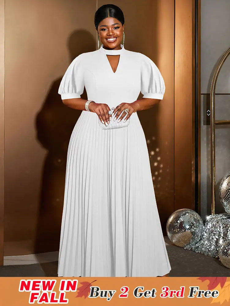 AOMEIDRESS Elegant A Line Maxi Pleated Dress for Office Church Cut out White / S