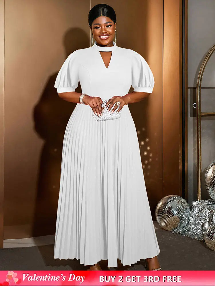 AOMEIDRESS Elegant A Line Maxi Pleated Dress for Office Church Cut out White / S