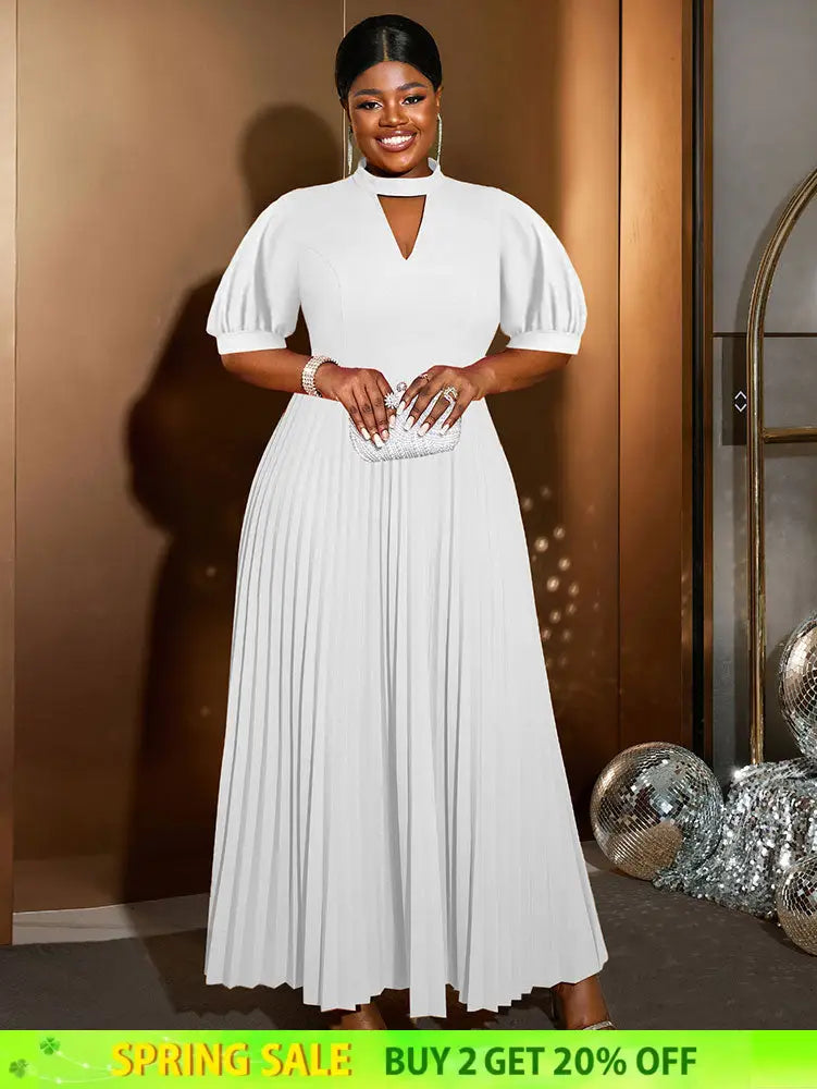 AOMEIDRESS Elegant A Line Maxi Pleated Dress for Office Church Cut out White / S