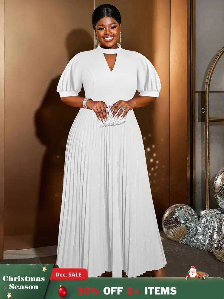 AOMEIDRESS Elegant A Line Maxi Pleated Dress for Office Church Cut out White / S
