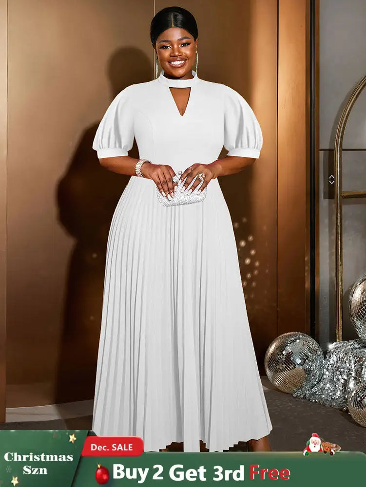 AOMEIDRESS Elegant A Line Maxi Pleated Dress for Office Church Cut out White / S