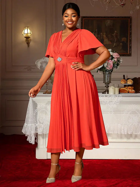 AOMEIDRESS Elegant A Line Maxi Pleated Short Sleeve Dress For Office
