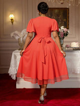 AOMEIDRESS Elegant A Line Maxi Pleated Short Sleeve Dress For Office