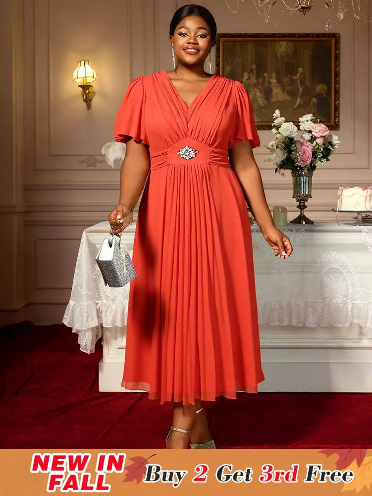 AOMEIDRESS Elegant A Line Maxi Pleated Short Sleeve Dress For Office Orange / S