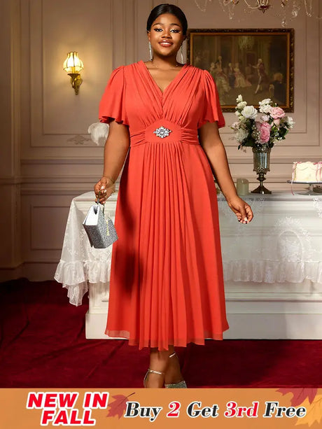 AOMEIDRESS Elegant A Line Maxi Pleated Short Sleeve Dress For Office Orange / S