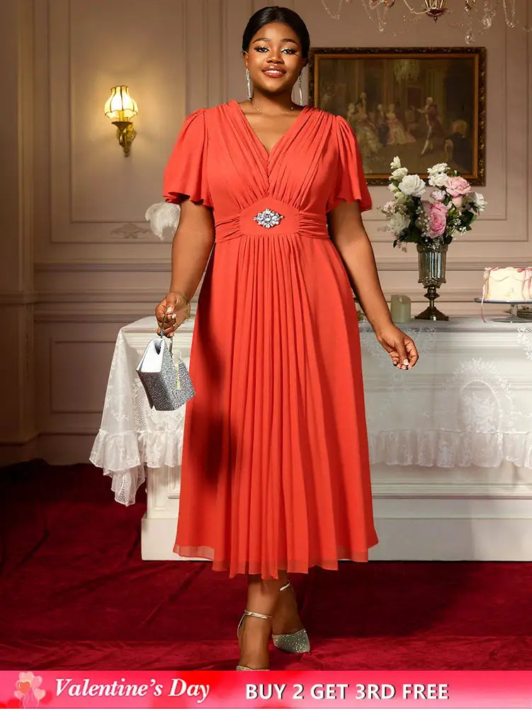 AOMEIDRESS Elegant A Line Maxi Pleated Short Sleeve Dress For Office Orange / S