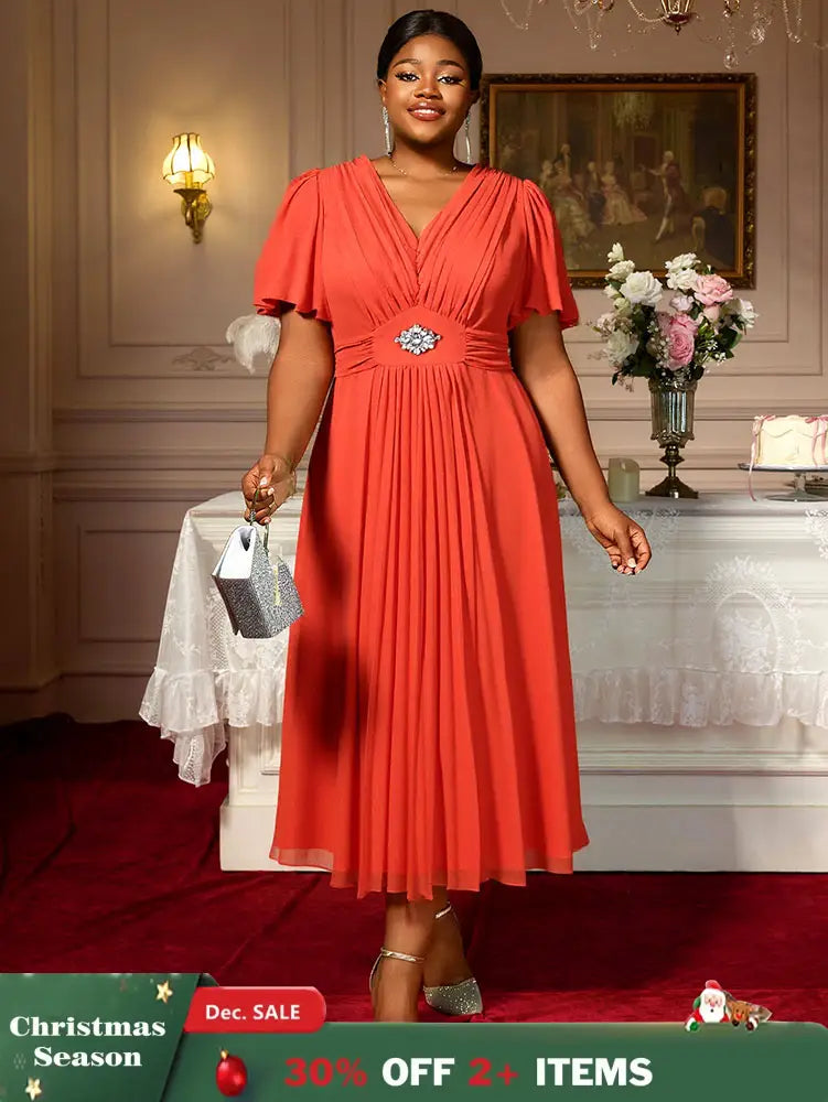 AOMEIDRESS Elegant A Line Maxi Pleated Short Sleeve Dress For Office Orange / S