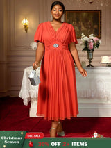 AOMEIDRESS Elegant A Line Maxi Pleated Short Sleeve Dress For Office Orange / S