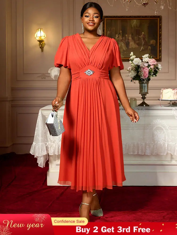 AOMEIDRESS Elegant A Line Maxi Pleated Short Sleeve Dress For Office Orange / S