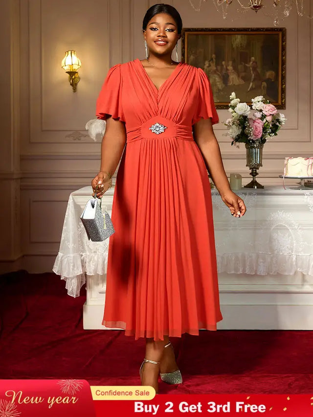 AOMEIDRESS Elegant A Line Maxi Pleated Short Sleeve Dress For Office Orange / S