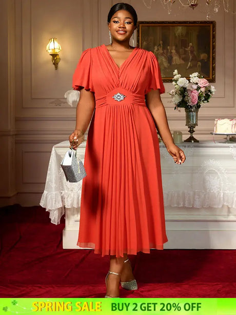 AOMEIDRESS Elegant A Line Maxi Pleated Short Sleeve Dress For Office Orange / S