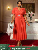 AOMEIDRESS Elegant A Line Maxi Pleated Short Sleeve Dress For Office Orange / S