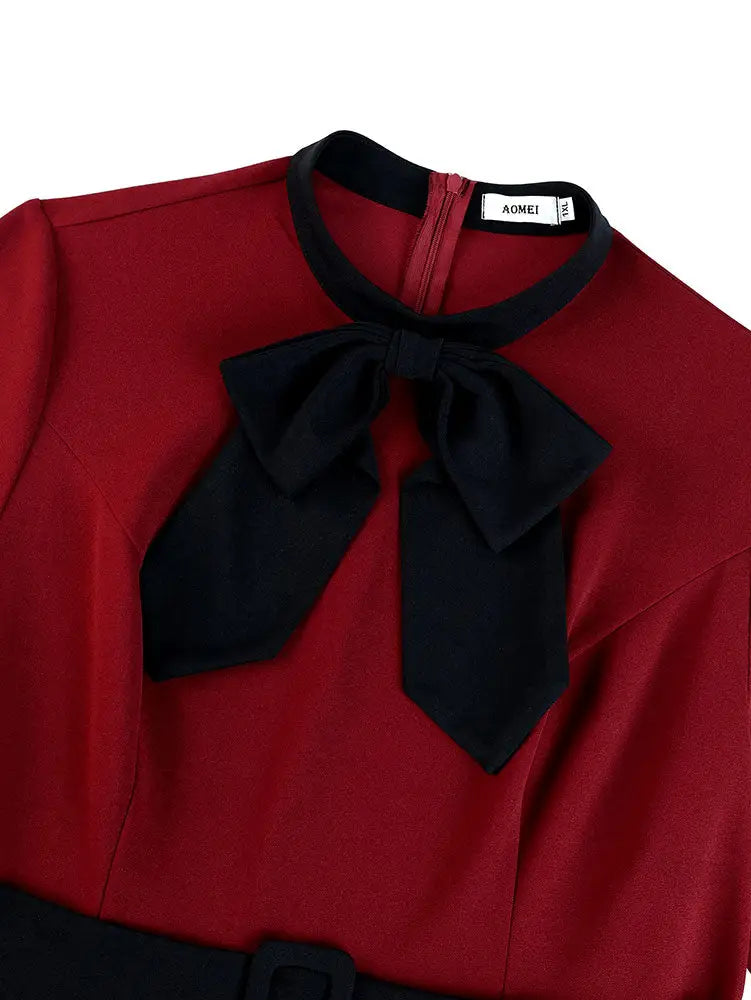 AOMEIDRESS Elegant A Line Midi Church Office Dress With Bow Waist Belt