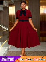 AOMEIDRESS Elegant A Line Midi Church Office Dress With Bow Waist Belt Wine / S