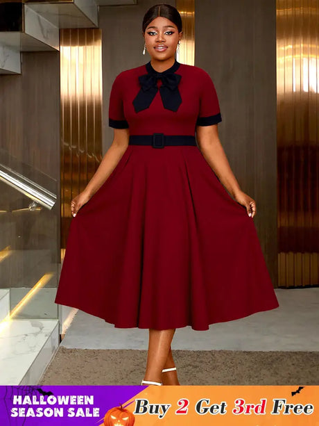 AOMEIDRESS Elegant A Line Midi Church Office Dress With Bow Waist Belt Wine / S