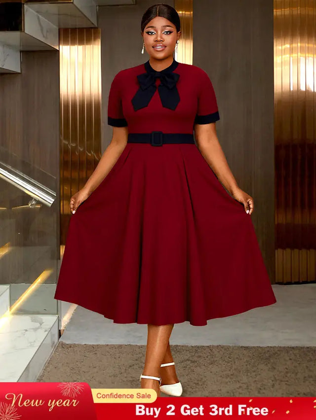 AOMEIDRESS Elegant A Line Midi Church Office Dress With Bow Waist Belt Wine / S