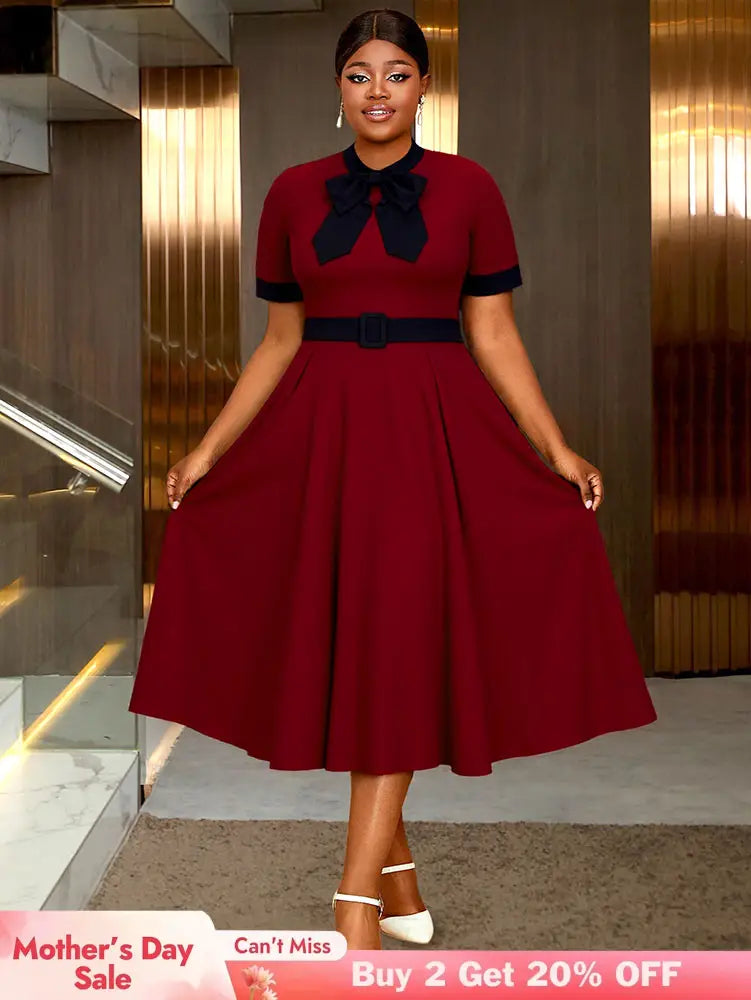AOMEIDRESS Elegant A Line Midi Church Office Dress With Bow Waist Belt Wine / S