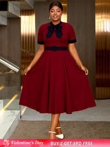 AOMEIDRESS Elegant A Line Midi Church Office Dress With Bow Waist Belt Wine / S