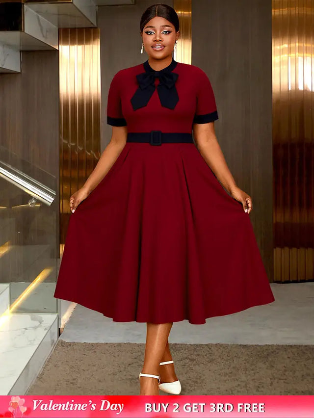 AOMEIDRESS Elegant A Line Midi Church Office Dress With Bow Waist Belt Wine / S