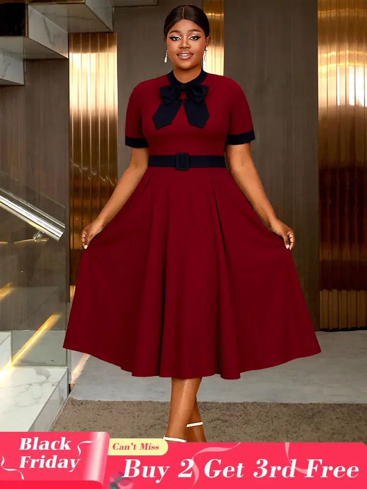 AOMEIDRESS Elegant A Line Midi Church Office Dress With Bow Waist Belt Wine / S