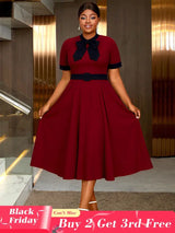 AOMEIDRESS Elegant A Line Midi Church Office Dress With Bow Waist Belt Wine / S