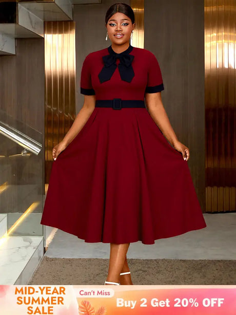 AOMEIDRESS Elegant A Line Midi Church Office Dress With Bow Waist Belt Wine / S