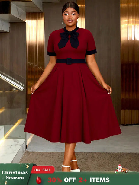 AOMEIDRESS Elegant A Line Midi Church Office Dress With Bow Waist Belt Wine / S