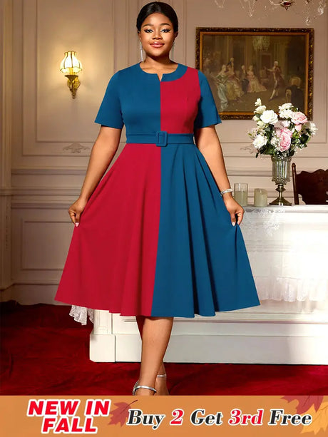 AOMEIDRESS Elegant A Line Midi Color Block Dress for Party Church PeacockBlue / S