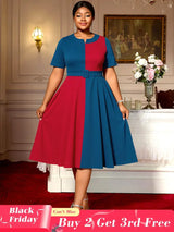 AOMEIDRESS Elegant A Line Midi Color Block Dress for Party Church PeacockBlue / S
