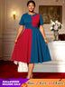 AOMEIDRESS Elegant A Line Midi Color Block Dress for Party Church PeacockBlue / S