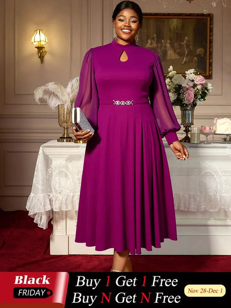 AOMEIDRESS Elegant A Line Midi Dress for Party Church Sheer Sleeve Purple / S