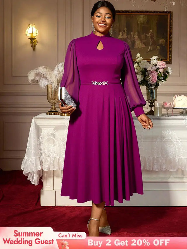 AOMEIDRESS Elegant A Line Midi Dress for Party Church Sheer Sleeve Purple / S