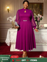 AOMEIDRESS Elegant A Line Midi Dress for Party Church Sheer Sleeve Purple / S