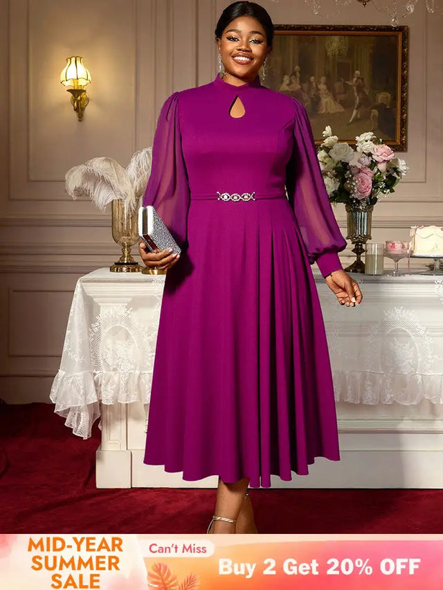 AOMEIDRESS Elegant A Line Midi Dress for Party Church Sheer Sleeve Purple / S
