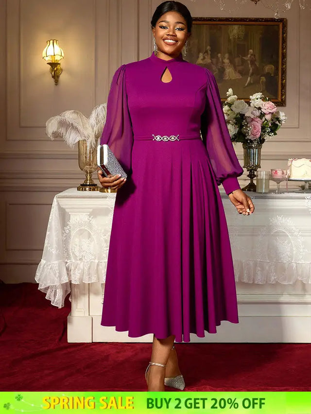 AOMEIDRESS Elegant A Line Midi Dress for Party Church Sheer Sleeve Purple / S