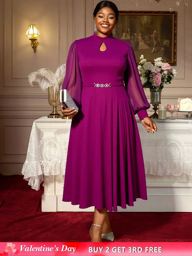 AOMEIDRESS Elegant A Line Midi Dress for Party Church Sheer Sleeve Purple / S