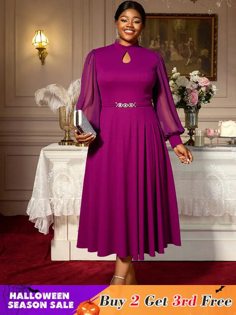AOMEIDRESS Elegant A Line Midi Dress for Party Church Sheer Sleeve Purple / S